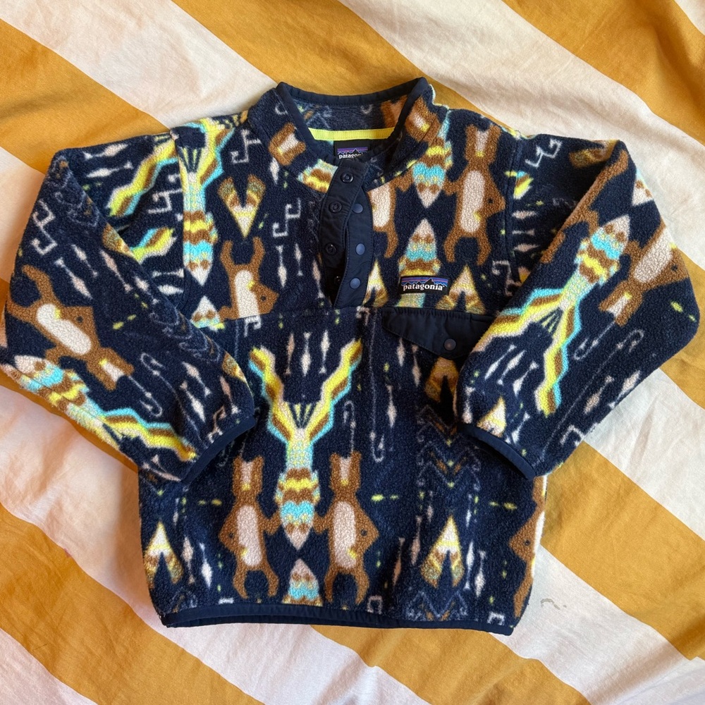 Patagonia Navy Fleece Pullover with Yellow and Brown Pattern